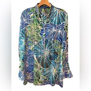 George Roth Sz M Sheer Blue Green Large Tropical Flowers Sequin Collar Tunic
